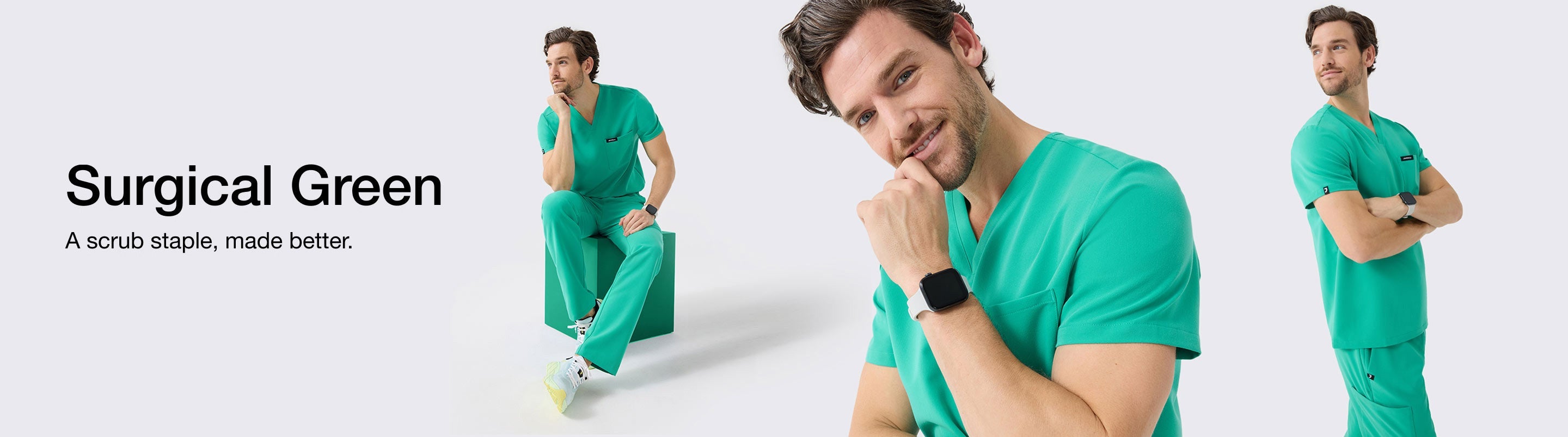 Image with text, "Surgical Green: A scrub staple, made better." and image of men wearing Surgical Green scrubs.