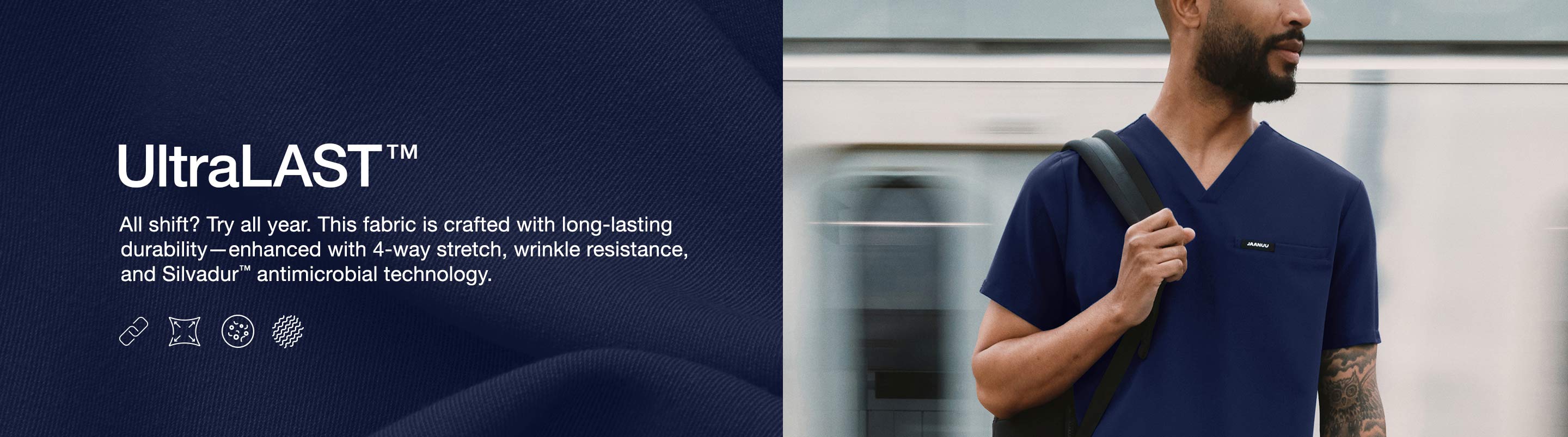 A close up image of ULTRAlast™ fabric with text, "ULTRAlast™: All shift? Try all year. This fabric is crafted with long-lasting durability—enhanced with 4-way stretch, wrinkle resistance, and SILVADUR™ antimicrobial technology.