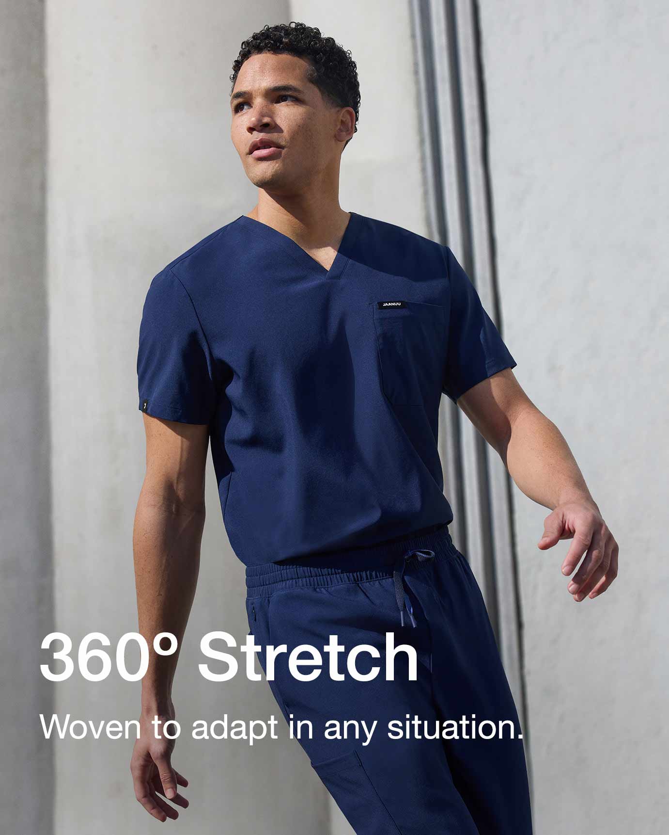 Men wearing ULTRAlite scrubs with text on image, "360 Stretch: Woven to adapt in any situation."