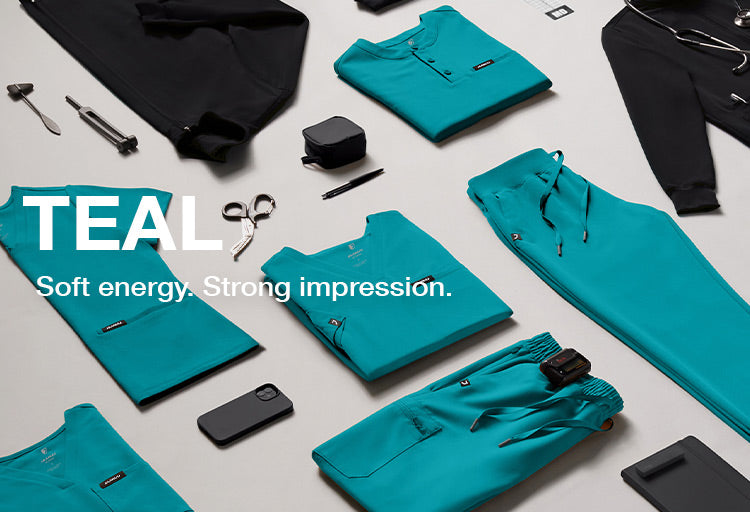 Photo of scrubs folded and in a grid layout with text, "Teal: Soft energy. Strong impression."