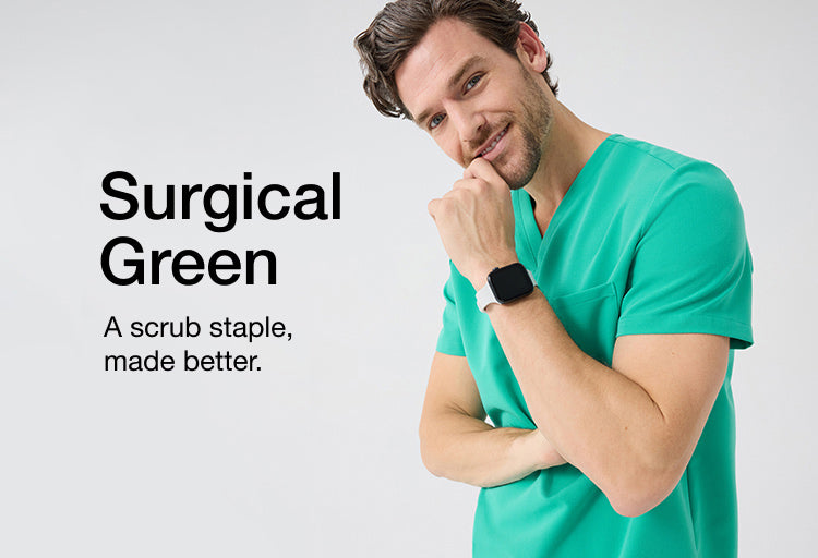 Image with text, "Surgical Green: A scrub staple, made better." and image of men wearing Surgical Green scrubs.