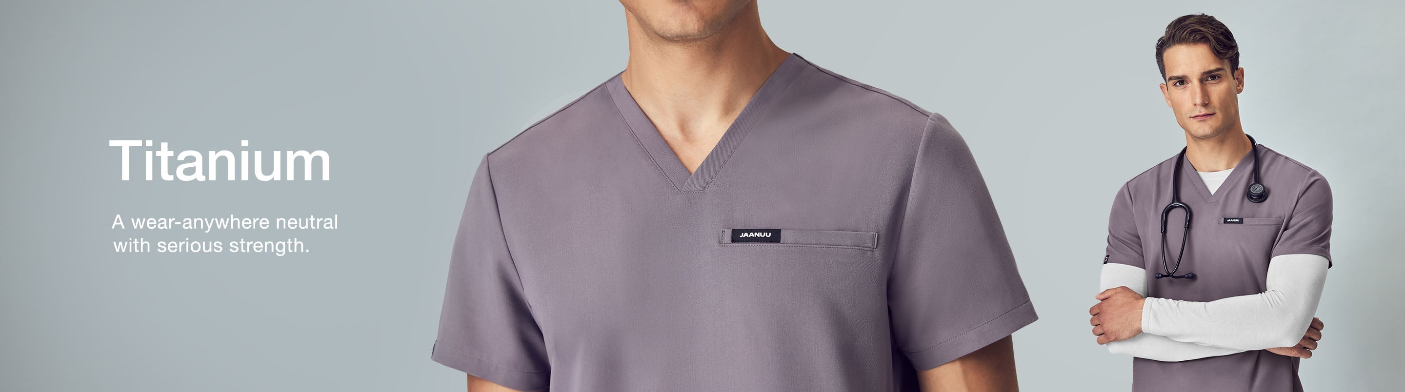 Image with text: "Titanium: A wear anywhere neutral with serious strength."