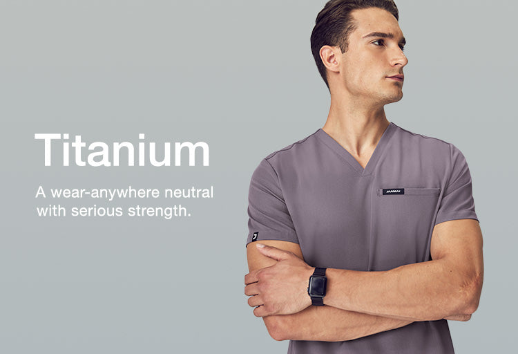 Image with text: "Titanium: A wear anywhere neutral with serious strength."