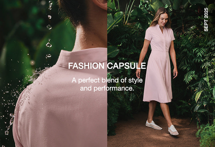 Image of women wearing a scrub dress. Text on image saying, "FASHION CAPSULE: A perfect blend of style and performance."