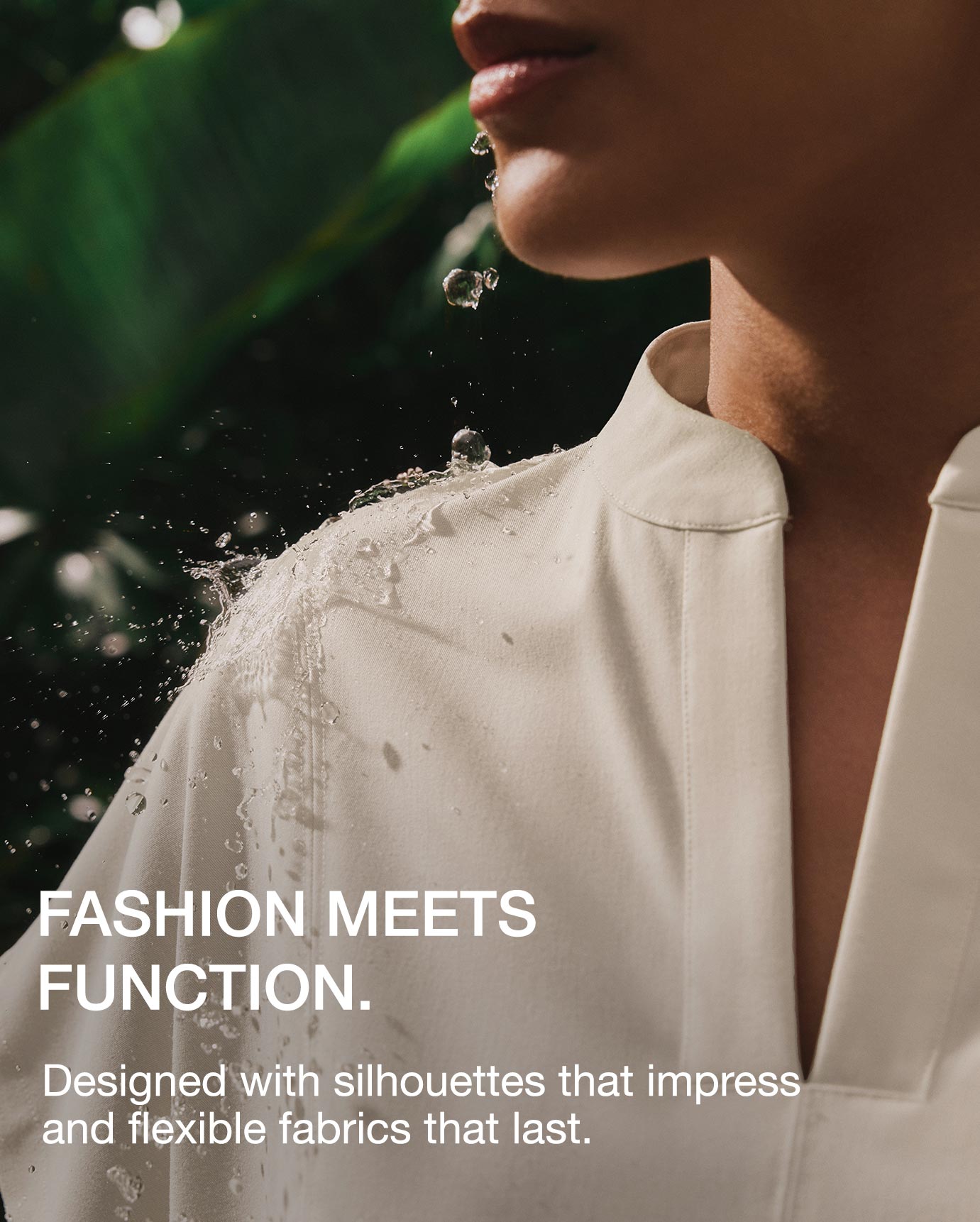 Closeup image of woman wearing scrubs. Image has text saying, "Fashion Meets Function. Designed with silhouettes that impress and flexible fabrics that last."