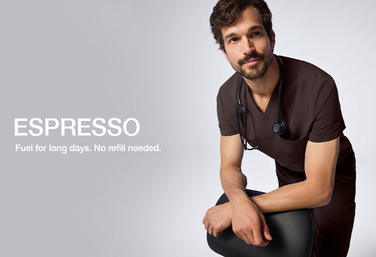 Man wearing Espresso colored scrubs. Image has text, "ESPRESSO: Fuel for long days. No refill needed."