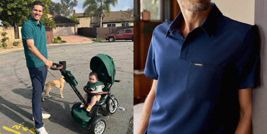 Photo of Jose Calderon with his son in a stroller and his pet dog. They are outside in a neighborhood.