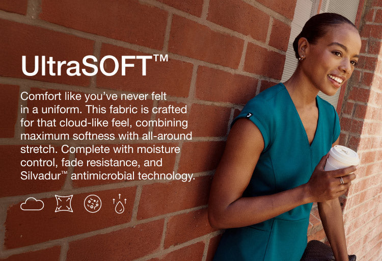 Image with text, "UltraSOFT™: Comfort like you’ve never felt in a uniform. This fabric is crafted for that cloud-like feel, combining maximum softness with all-around stretch. Complete with moisture control, fade resistance, and Silvadur™ antimicrobial technology."