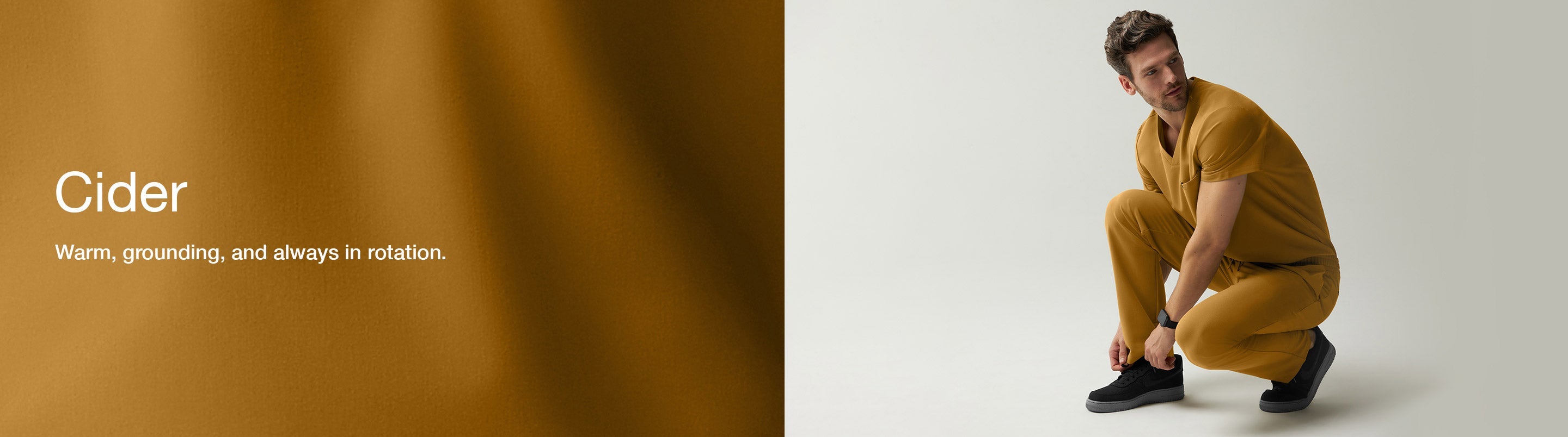 Image of Cider scrub fabric with text, "Cider: Warm, grounding, and always in rotation."