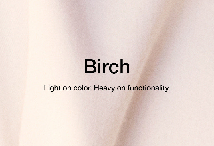 Image of scrub fabric in Birch color with text, "Birch: Light on color. Heavy on functionality."