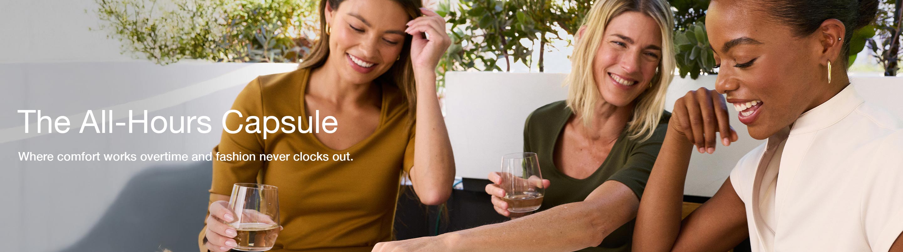 Image of 3 women wearing scrubs, image has text, "The All-Hours Capsule: Where comfort works overtime and fashion never clocks out."