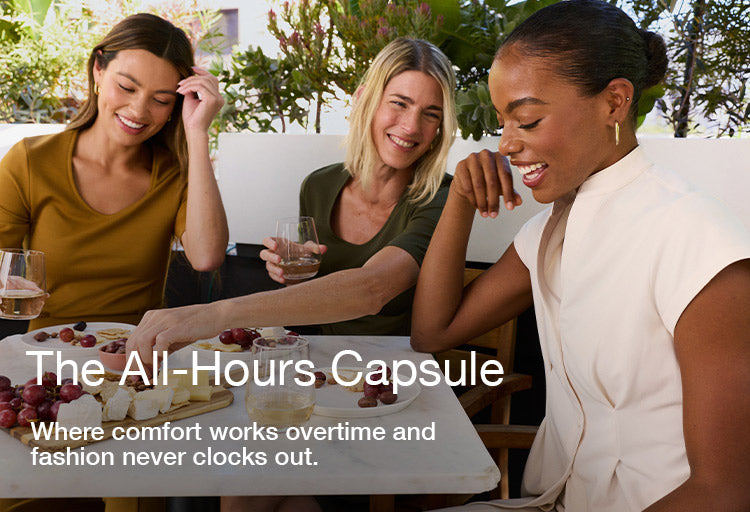Image of 3 women wearing scrubs, image has text, "The All-Hours Capsule: Where comfort works overtime and fashion never clocks out."