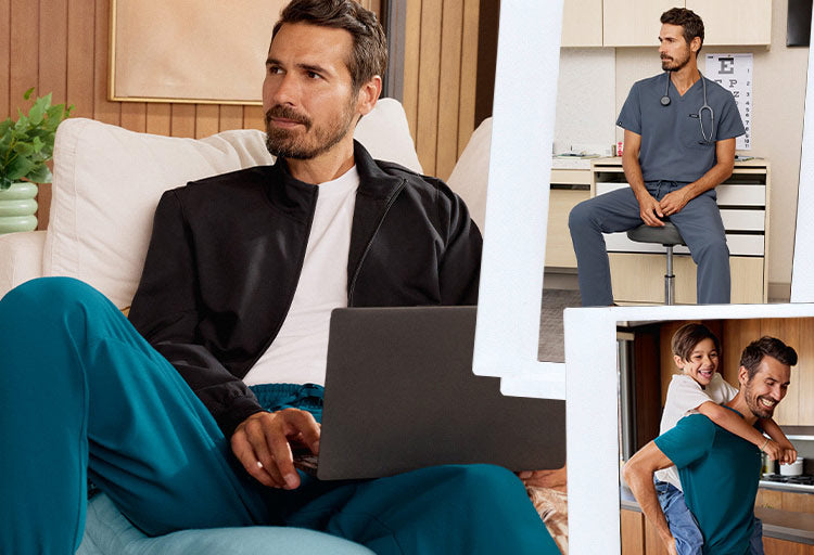 Collage image of men wearing scrubs doing daily activities.