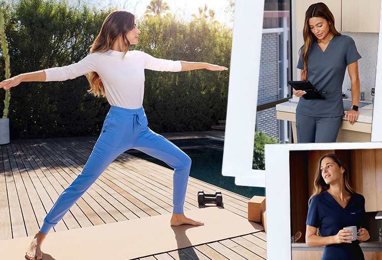 Collage image of women wearing scrubs doing daily activities.