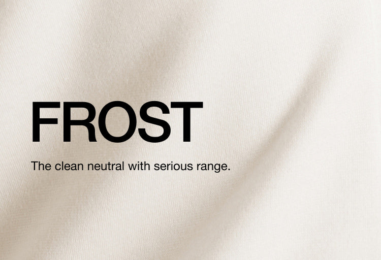 Banner of Frost scrub fabric with text, "Frost: The clean neutral with serious range."