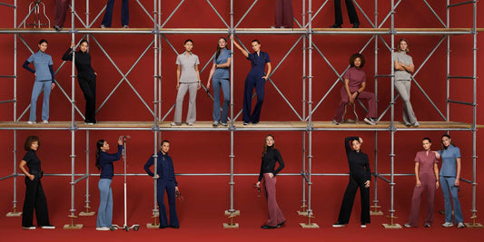 Women wearing scrubs standing at floor level and on platforms.
