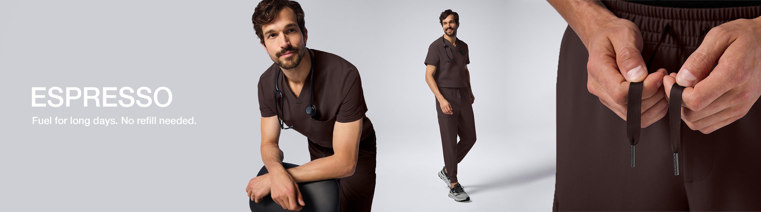 Man wearing Espresso colored scrubs. Image has text, "ESPRESSO: Fuel for long days. No refill needed."