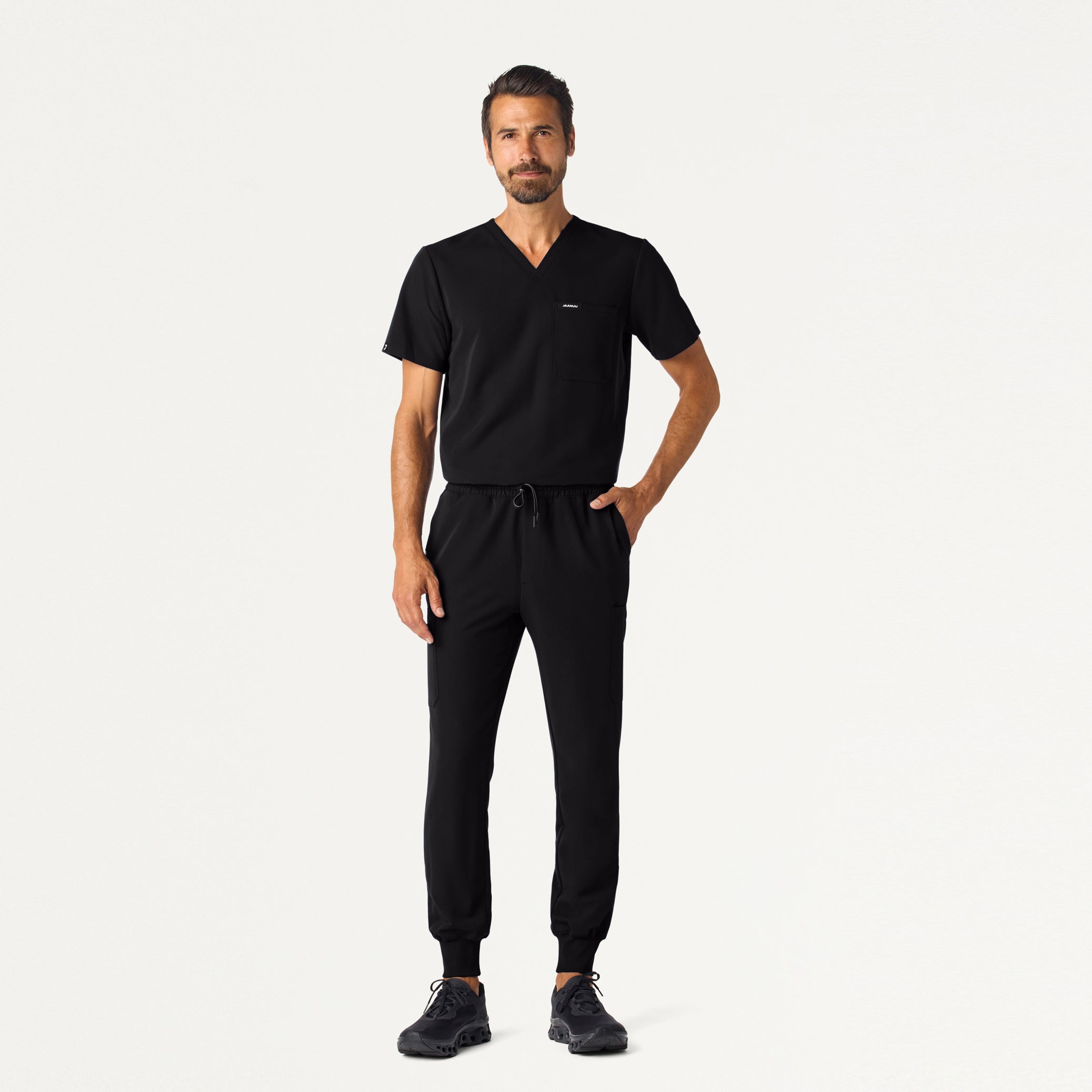 Man wearing Black scrub set.