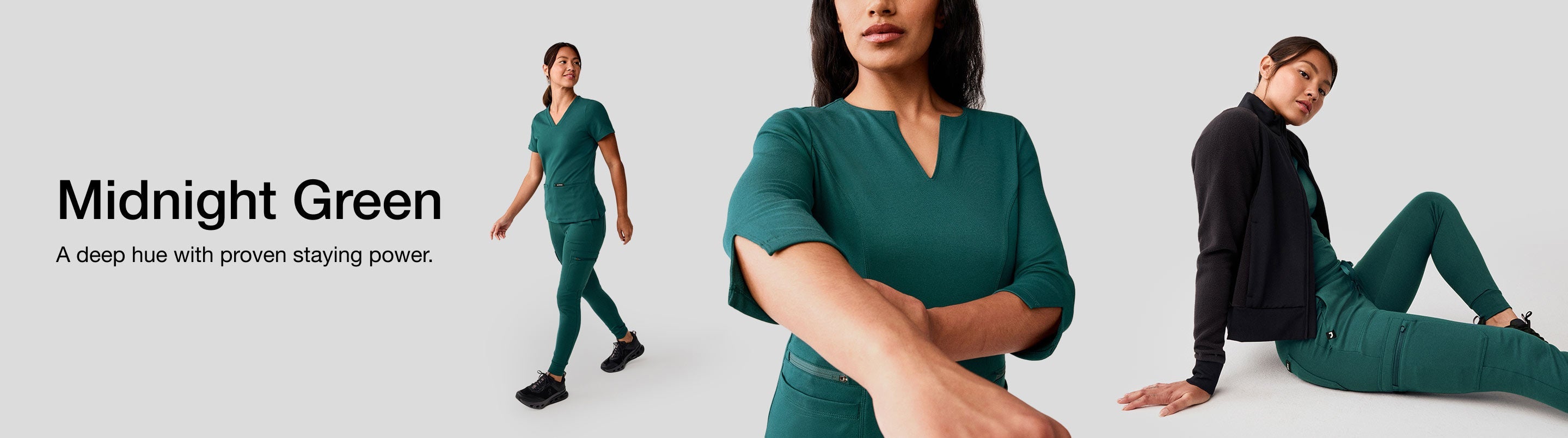Image of women wearing Midnight Green scrubs, image has text, "Midnight Green: A deep hue with proven staying power."