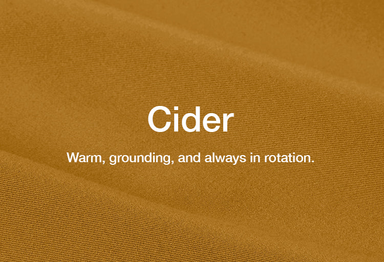 Image of scrub fabric in Birch color with text, "Cider: Warm, grounding, and always in rotation."