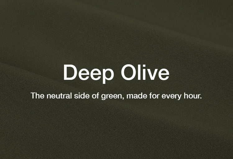 Image of scrub fabric in Deep Olive color with text, "Deep Olive: The neutral side of green, made for every hour."