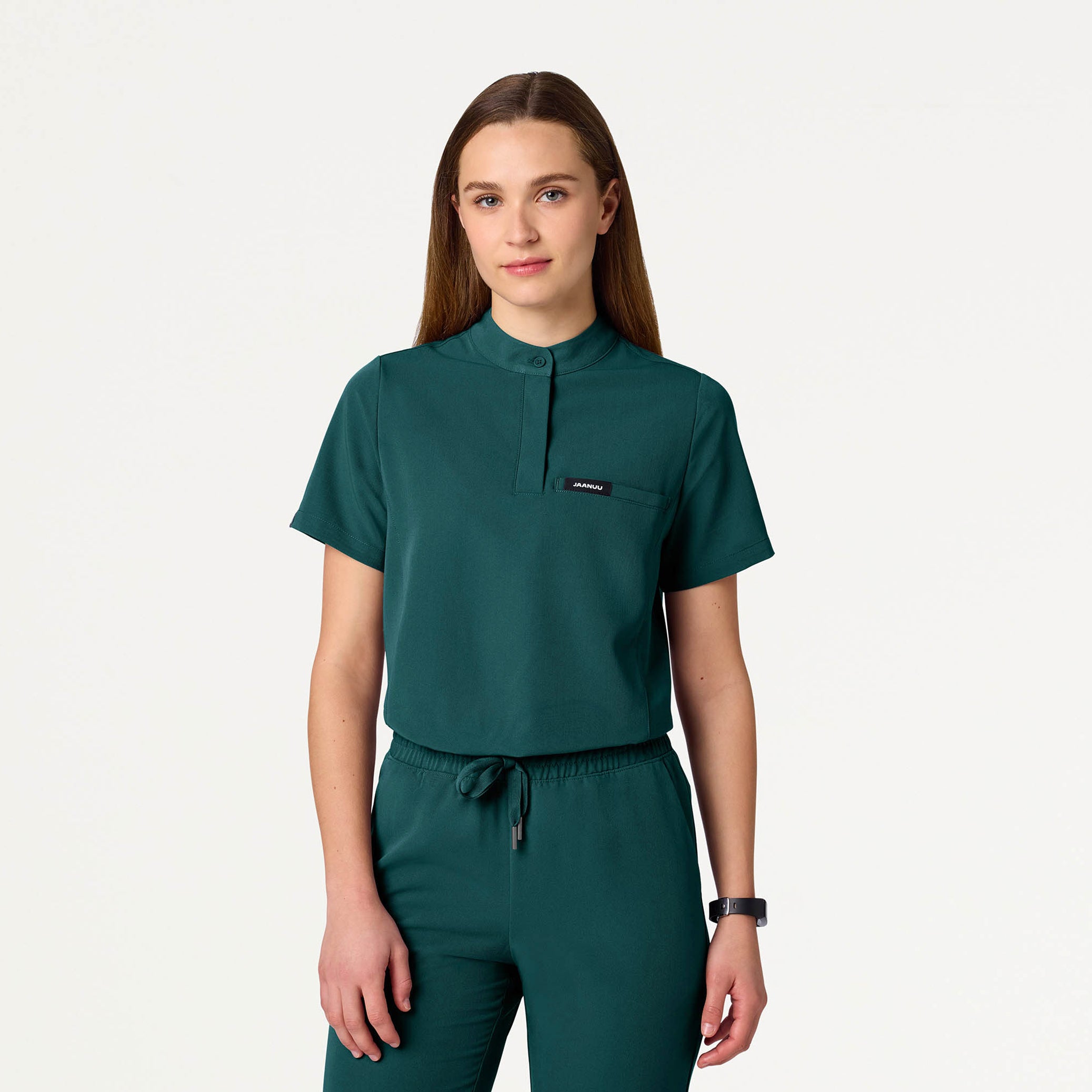 Savi Tuck-In Stand-Collar Scrub Top - Midnight Green