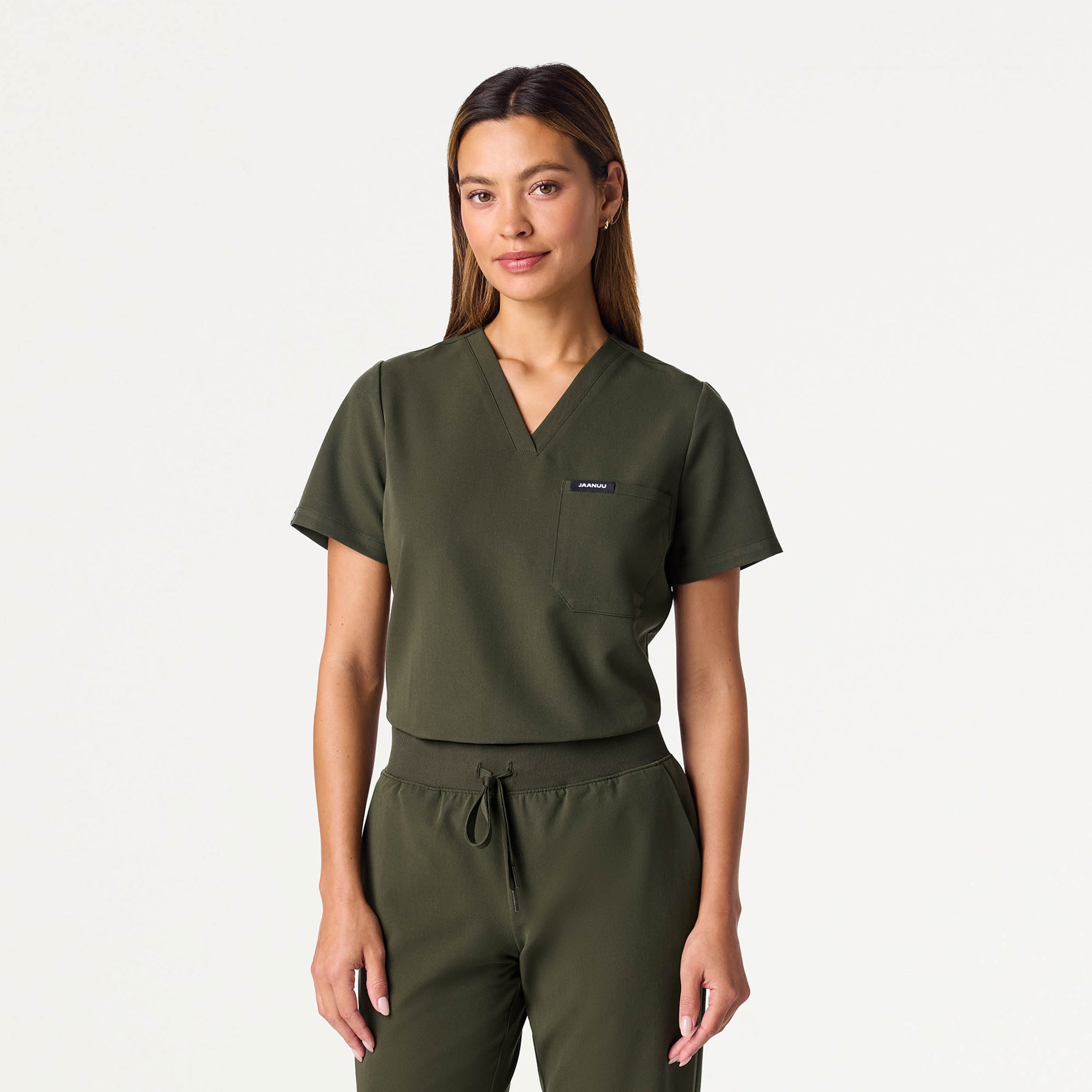 Rhena Slim Essential 1-Pocket Scrub Top - Deep Olive