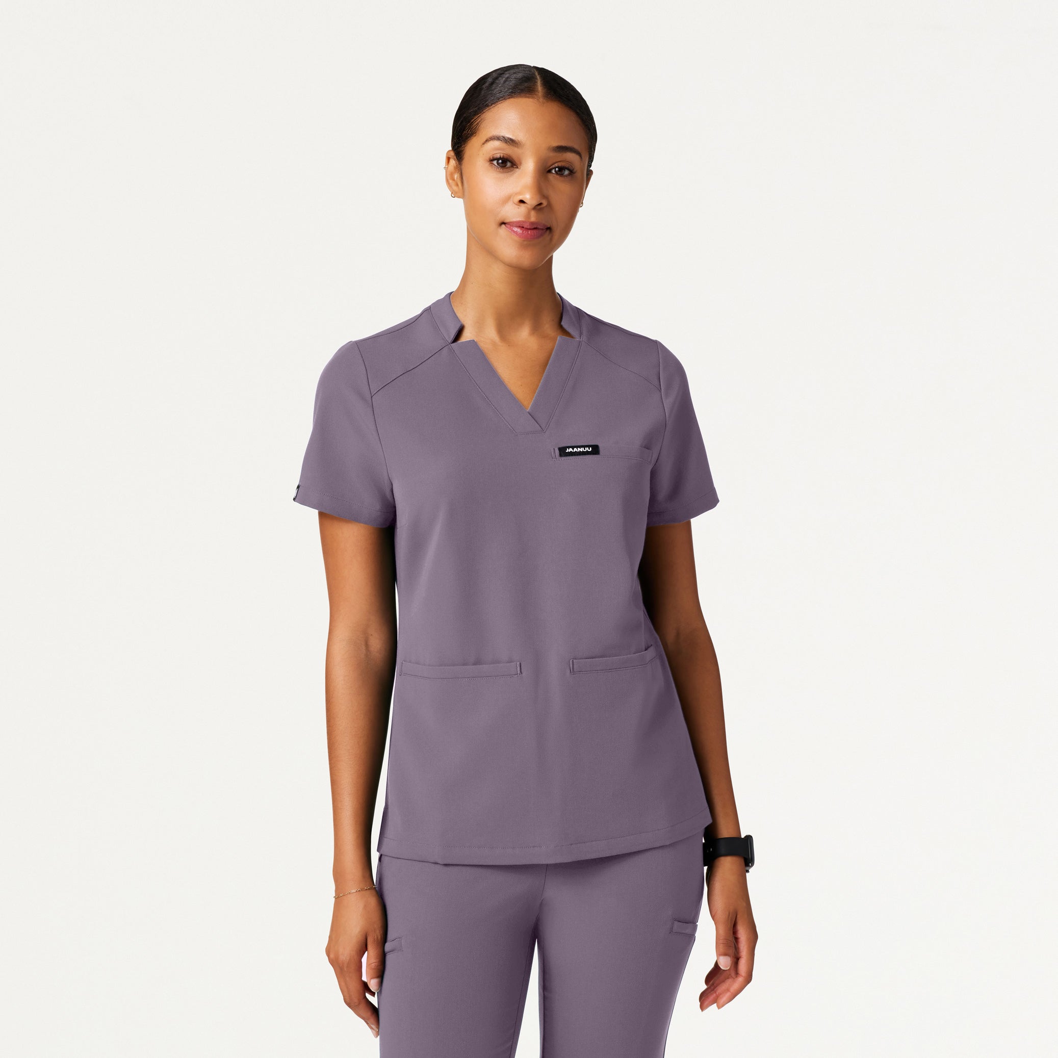 Helia Slim Notched V-Neck Scrub Top - Titanium