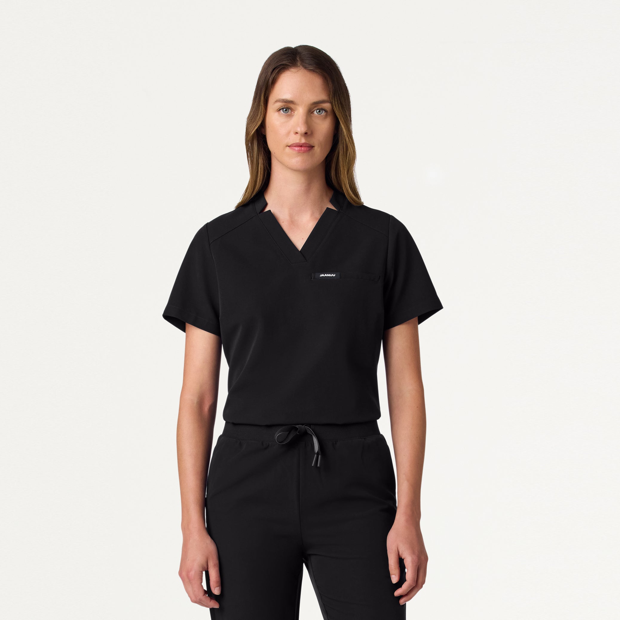 Helia Slim Tuck-In Notched V-Neck Scrub Top - Black