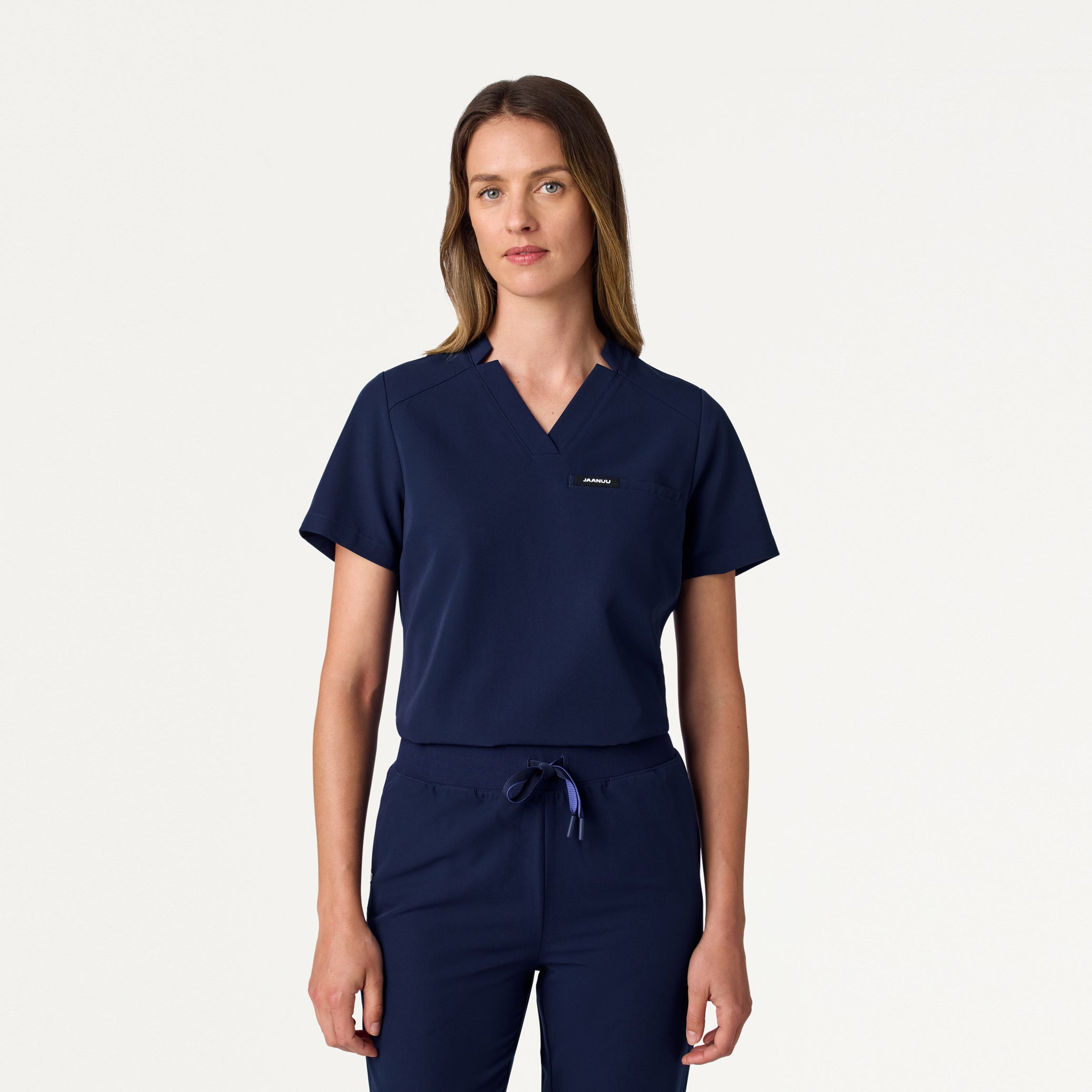 Helia Slim Tuck-In Notched V-Neck Scrub Top - Midnight Navy