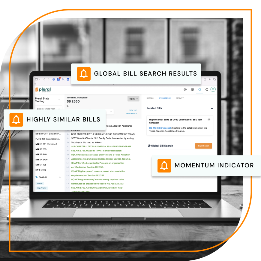 laptop with Plural displayed and text call outs of Global Bill Search Results, Highly Similar Bills and Momentum Indicator